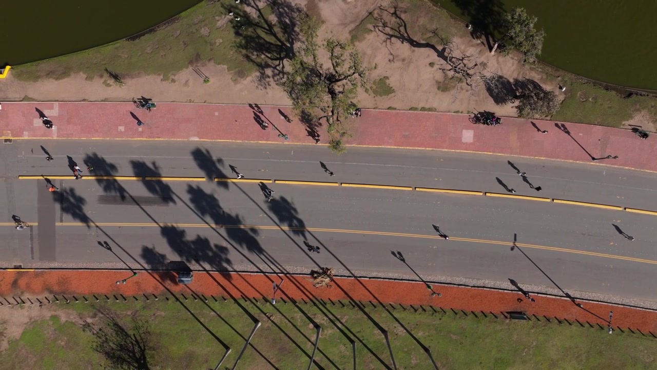 Aerial view of people walking and cycling on a city park road with trees and ponds