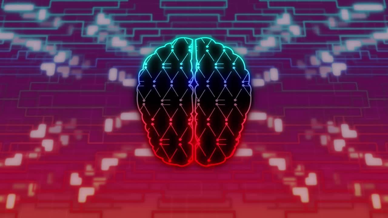 animación del cerebro humano, conexiones y procesamiento de datos a través de una placa de circuitos