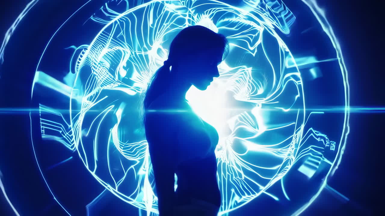 Human silhouettes against a glowing blue energy vortex