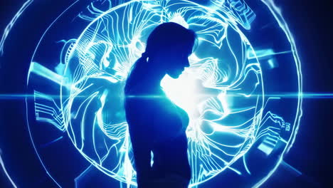 human silhouettes against a glowing blue energy vortex