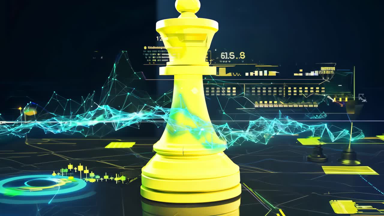 A yellow chess piece is on a black background. The piece is the king. The image has a futuristic feel to it