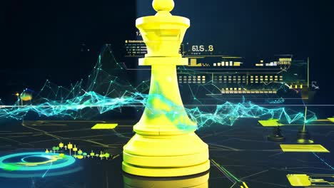 a yellow chess piece is on a black background. the piece is the king. the image has a futuristic feel to it