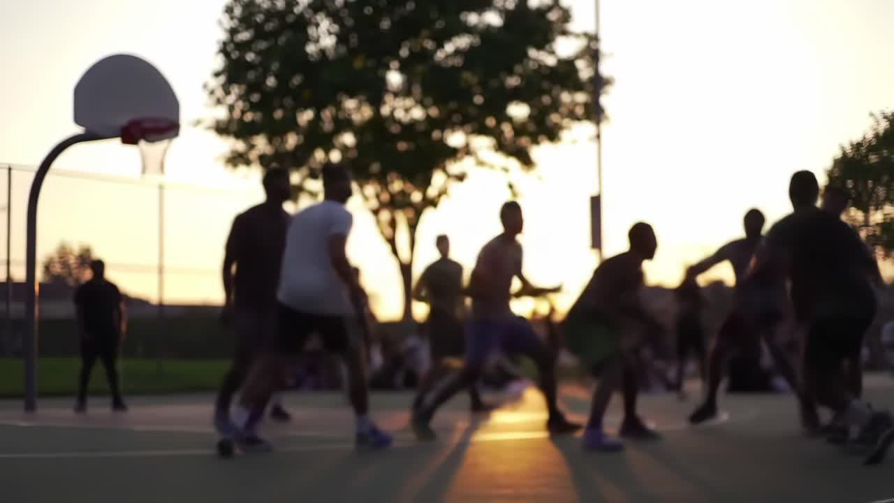 Golden sunset illuminating basketball players competing on urban playground, capturing dynamic energy and camaraderie of friends playing together during evening recreational game