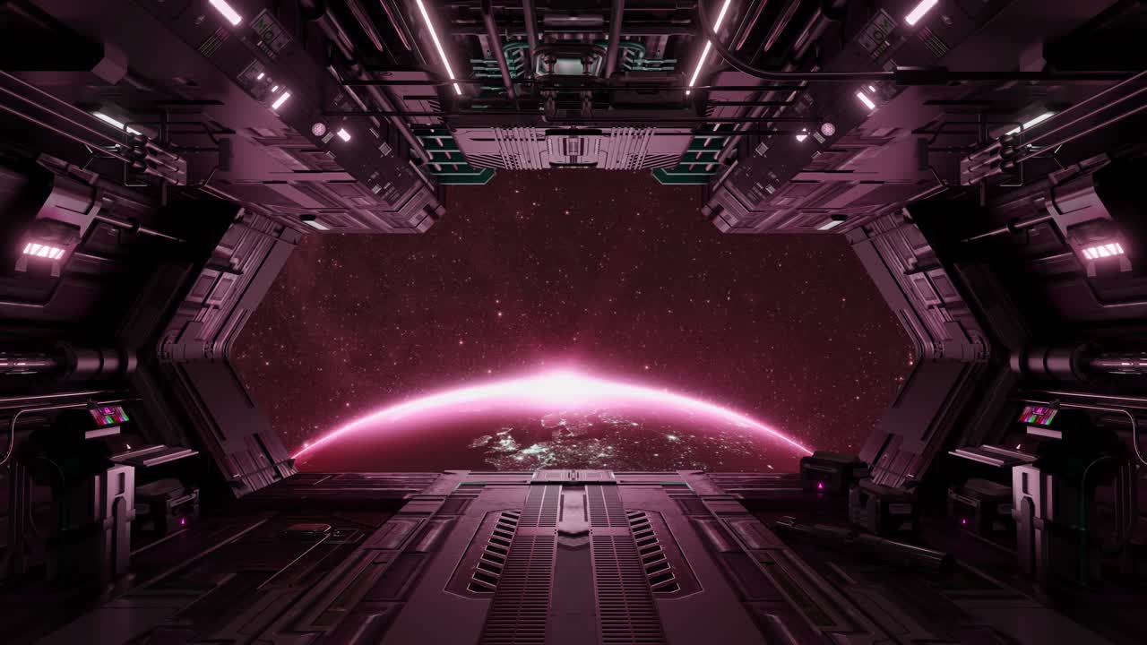 Spaceship entering earth orbit with pink nebula background