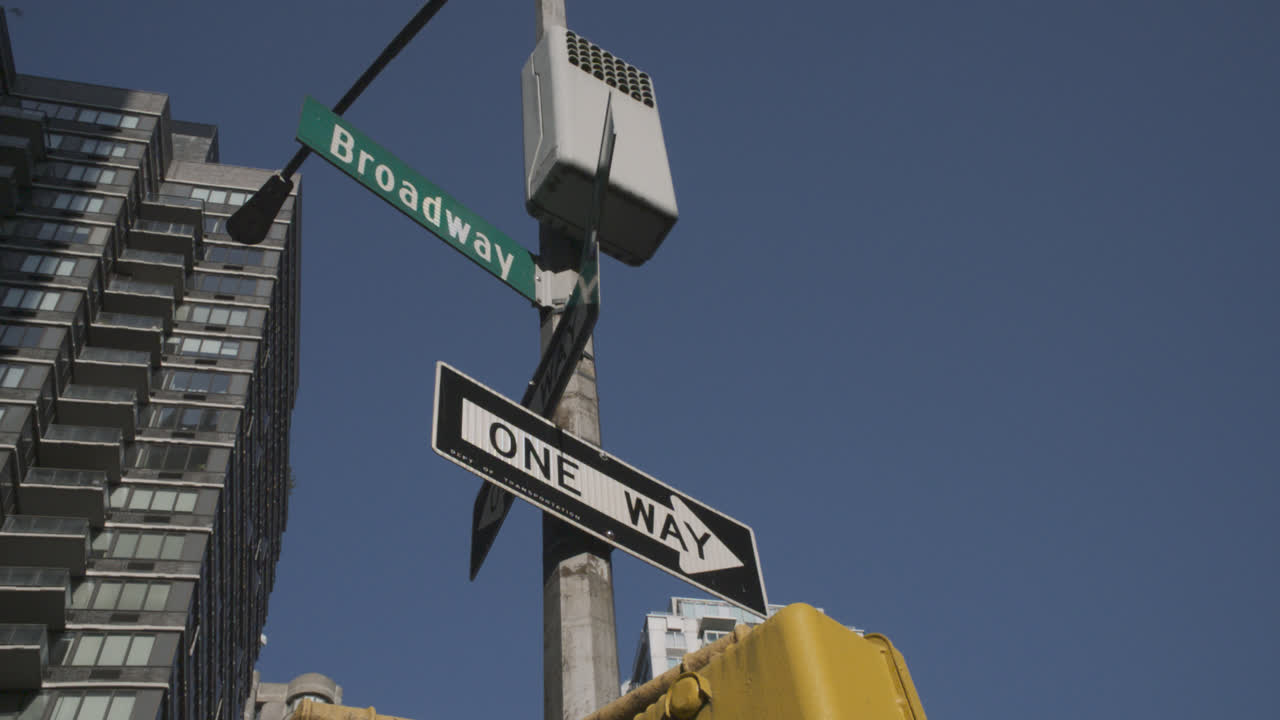 Handheld shot of a Broadway street sign. Shot on a summer morning in New York City