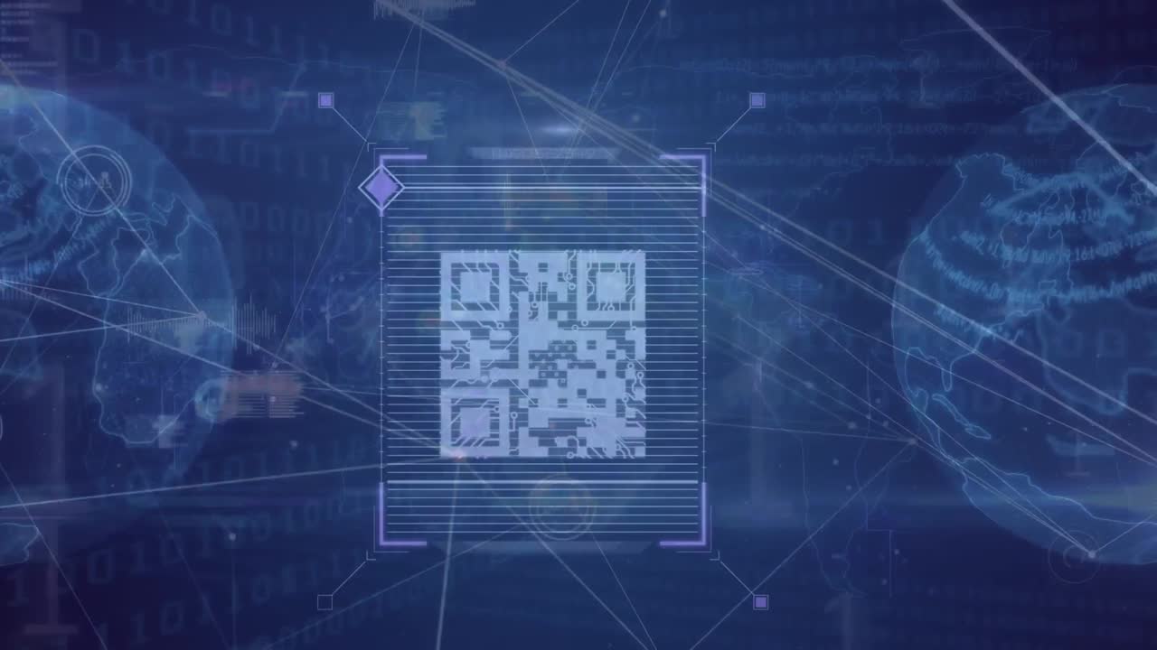 animación del procesamiento digital de datos y el código qr sobre fondo azul
