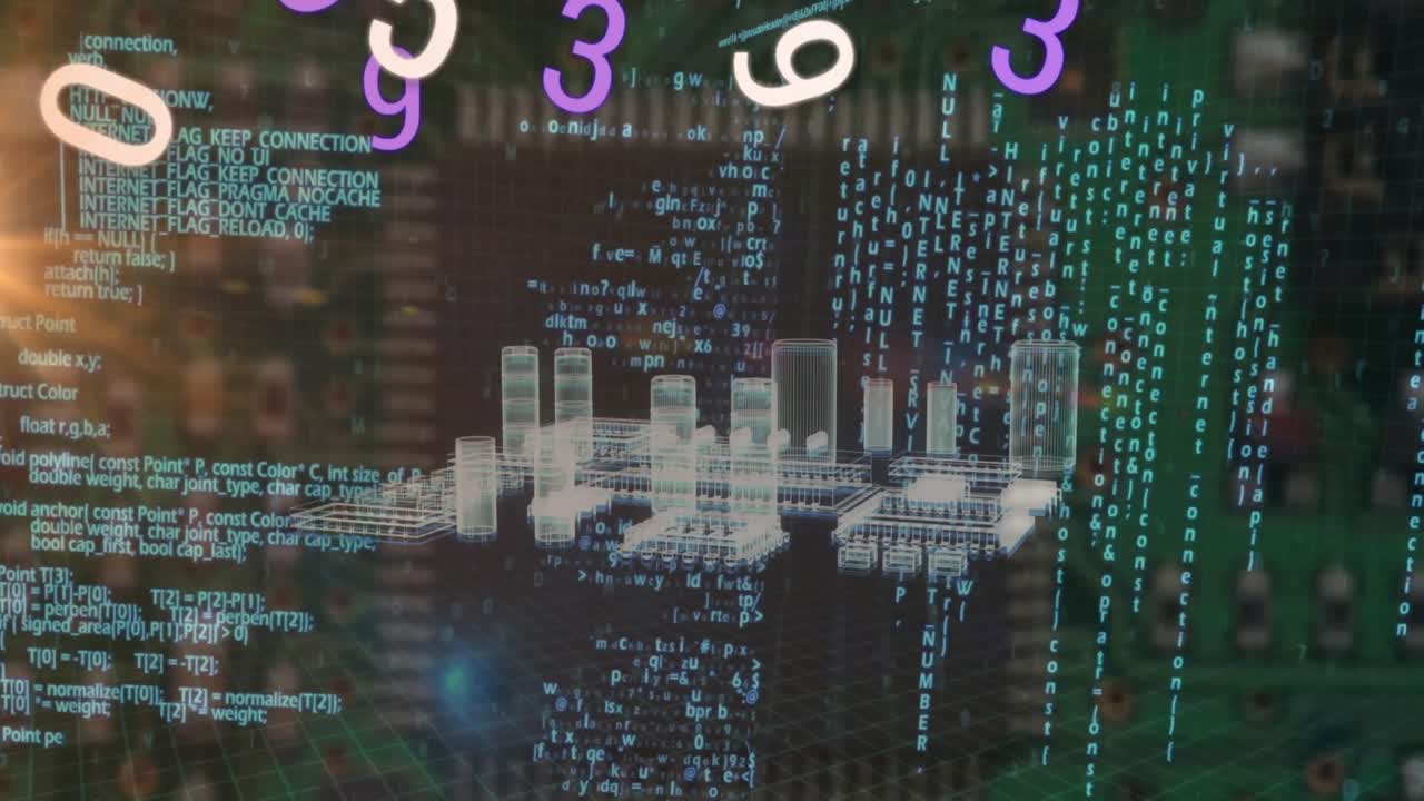 Animation of numbers, programming language, 3d structure of electronic component