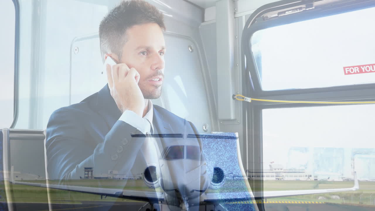 Talking on phone, businessman standing near airplane on runway, animation style