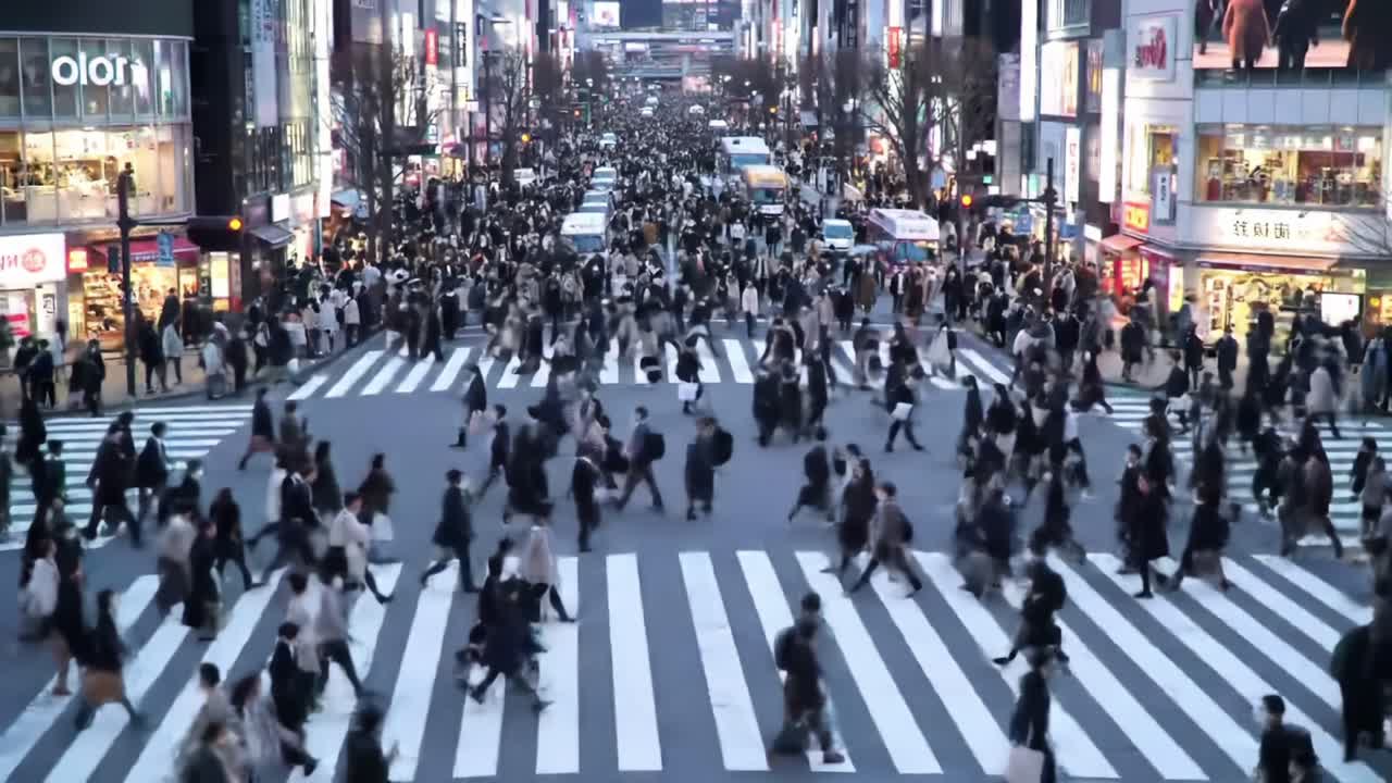 A Busy Urban Crosswalk Bustling with Pedestrians: A Dynamic Scene Captured in Two Frames from a Vibrant City Intersection