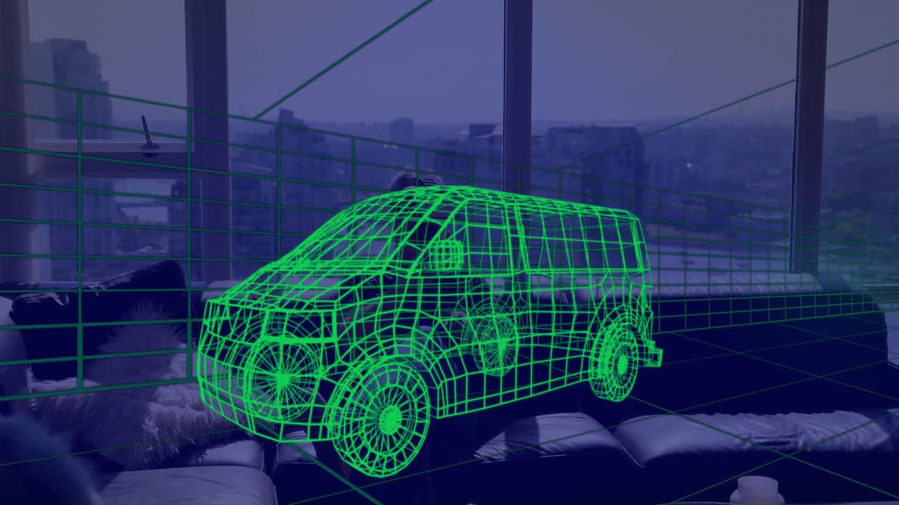 집에서 vr 헤드 ⁇ 을 착용한 밴의 3d 기술 도면의 애니메이션