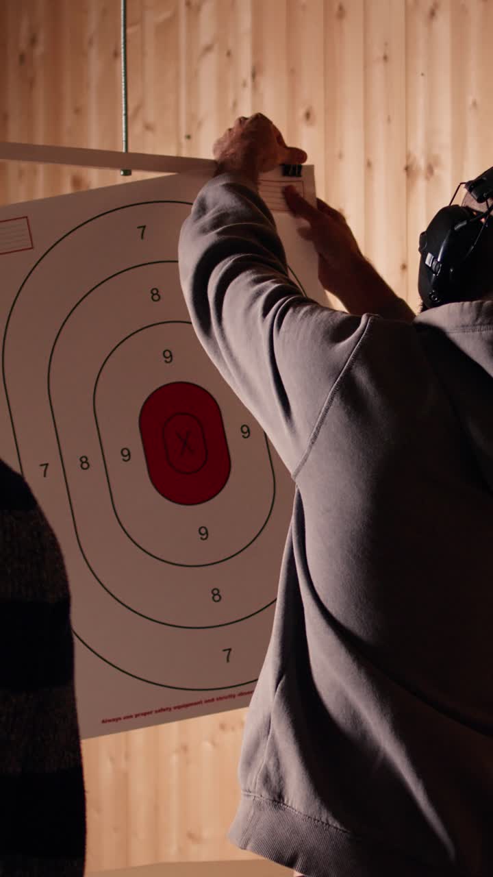 Vertical video Man in firing range doing shooting sport, looking at results on paper target