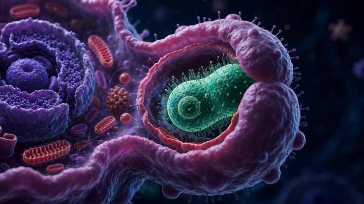 Animazione microscopica 3D di una grande cellula immunitaria che ingloba un batterio verde, mostrando la fagocitosi e gli organelli cellulari all'interno