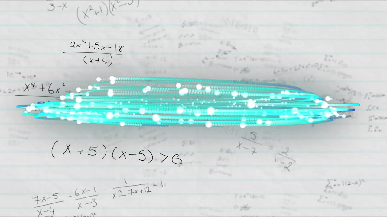 Turquoise streak appearing on math notebook page growing into swirling light band showing data flow