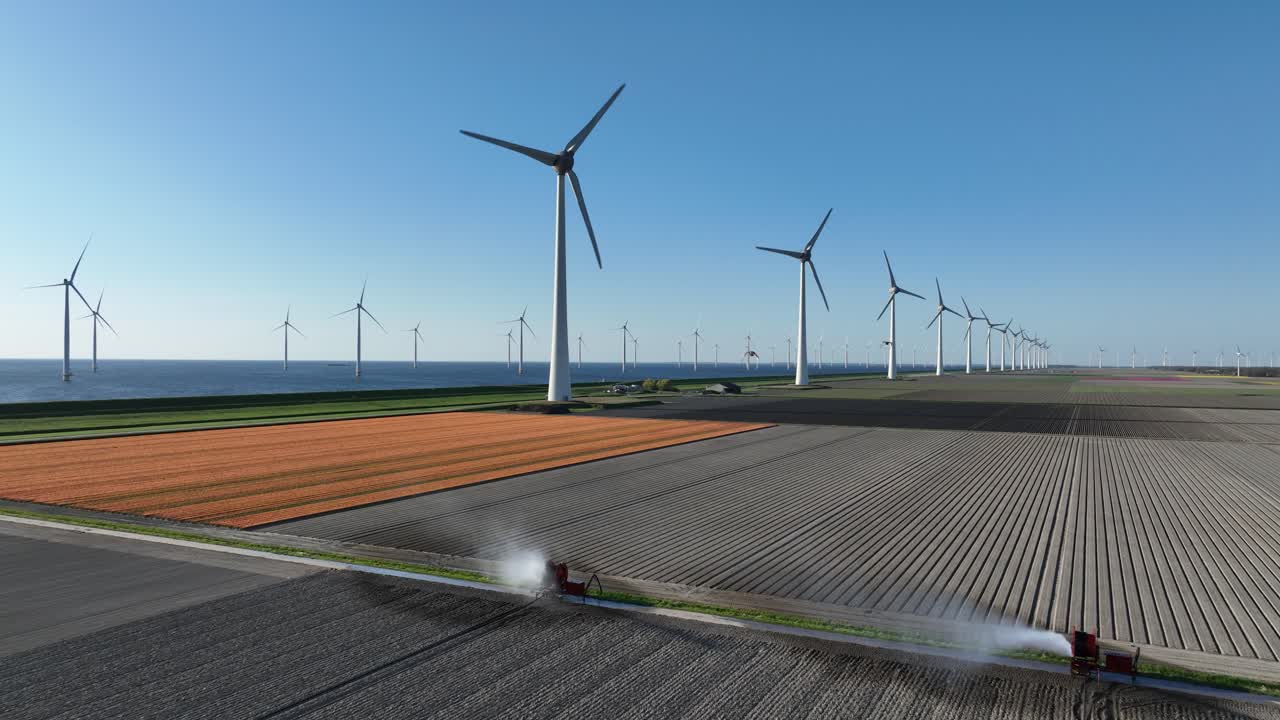 wind turbines, clean energy, blades spinning, amoung tulip fields. Aerial drone view.