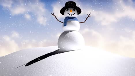 Animation-of-snow-falling-over-smiling-snowman-in-winter-scenery