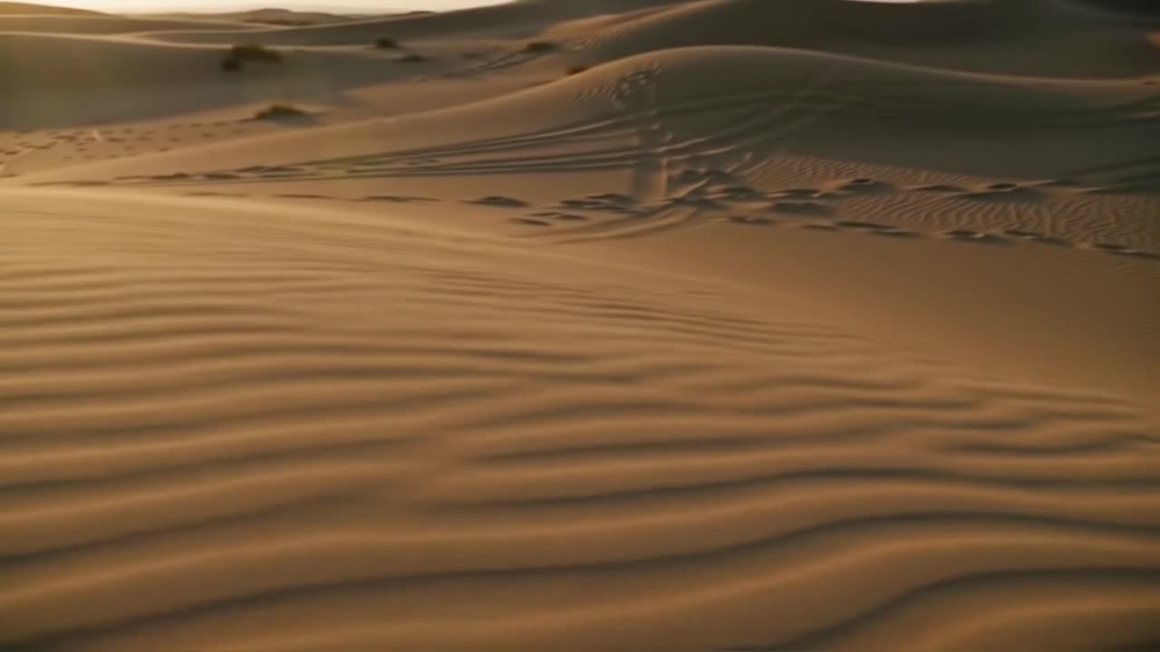 Golden sands stretch across the desert as the sun sets, creating a tranquil atmosphere. Gentle ripples on the dunes reflect the fading light, highlighting nature's artistry.