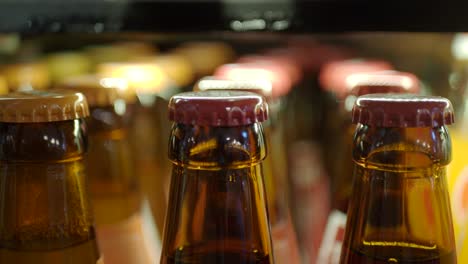 close-up of beer bottles with red caps