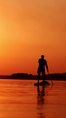 black male silhouette of a sportsman practicing sup boarding. man holding a paddle rowing with it. orange sun and sky at backdrop. vertical video