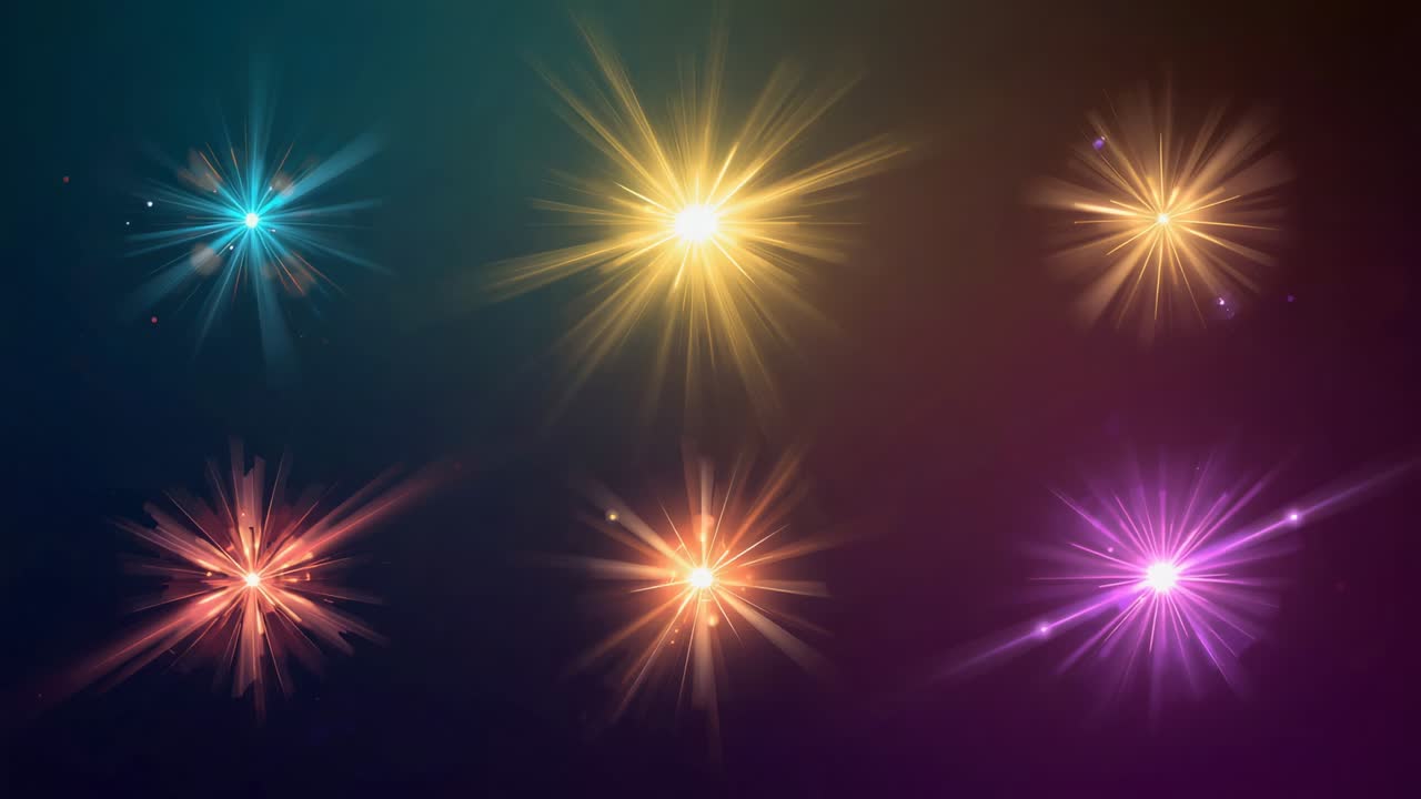 Loop starting, 6 starbursts pulsing, brightening on teal-purple scene focusing central yellow burst