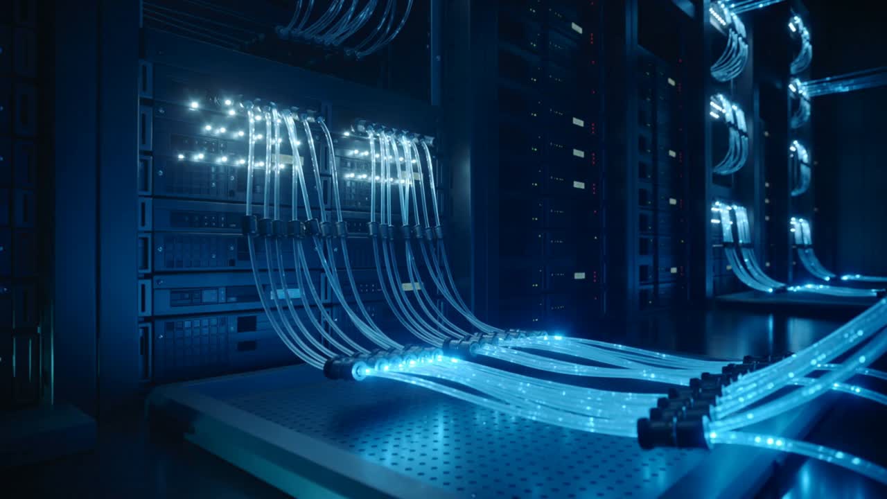 Pulsing fiber bundles sending data toward datacenter patch panel on network traffic, showing flow