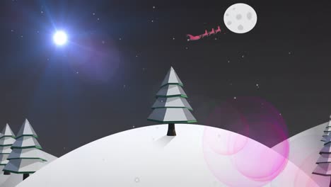 Animación-De-Nieve-Cayendo-Sobre-Santa-Claus-En-Trineo-Con-Renos-En-Un-Paisaje-Invernal-Navideño