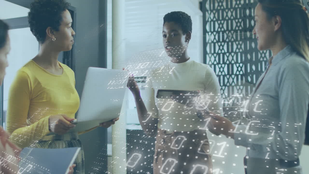 Discussing data processing, diverse business team with digital binary code animation
