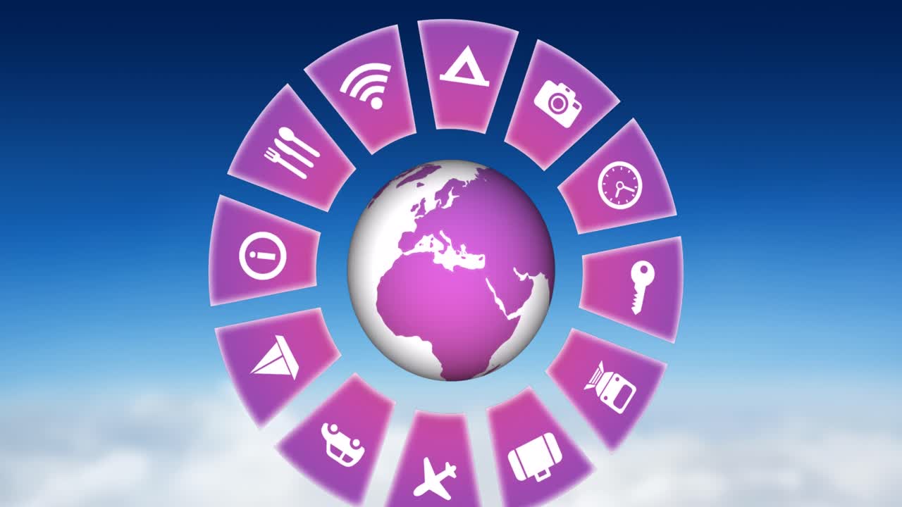 animación de iconos de viaje con globo en el fondo del cielo