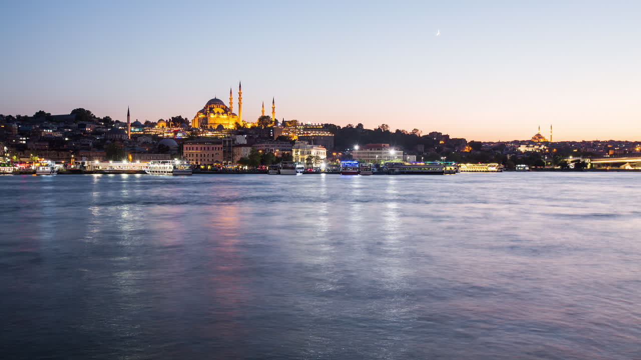 Istanbul Skyline at Dusk with Mosques and Boats