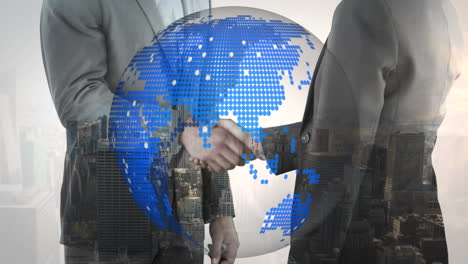 animation of globe over businessman handshake