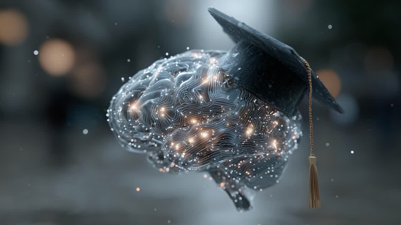 A Stunning Visualization of a Brain Dressed in a Graduation Cap, Symbolizing Knowledge, Education, and the Intersection of Technology and Intelligence