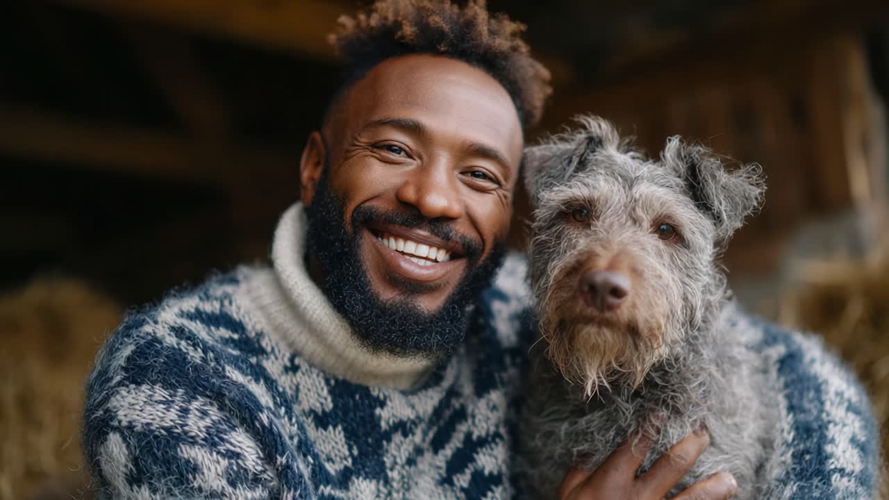 Legame commovente: un uomo e il suo cane in un ambiente accogliente, che celebrano felicità e amicizia nel cuore della natura