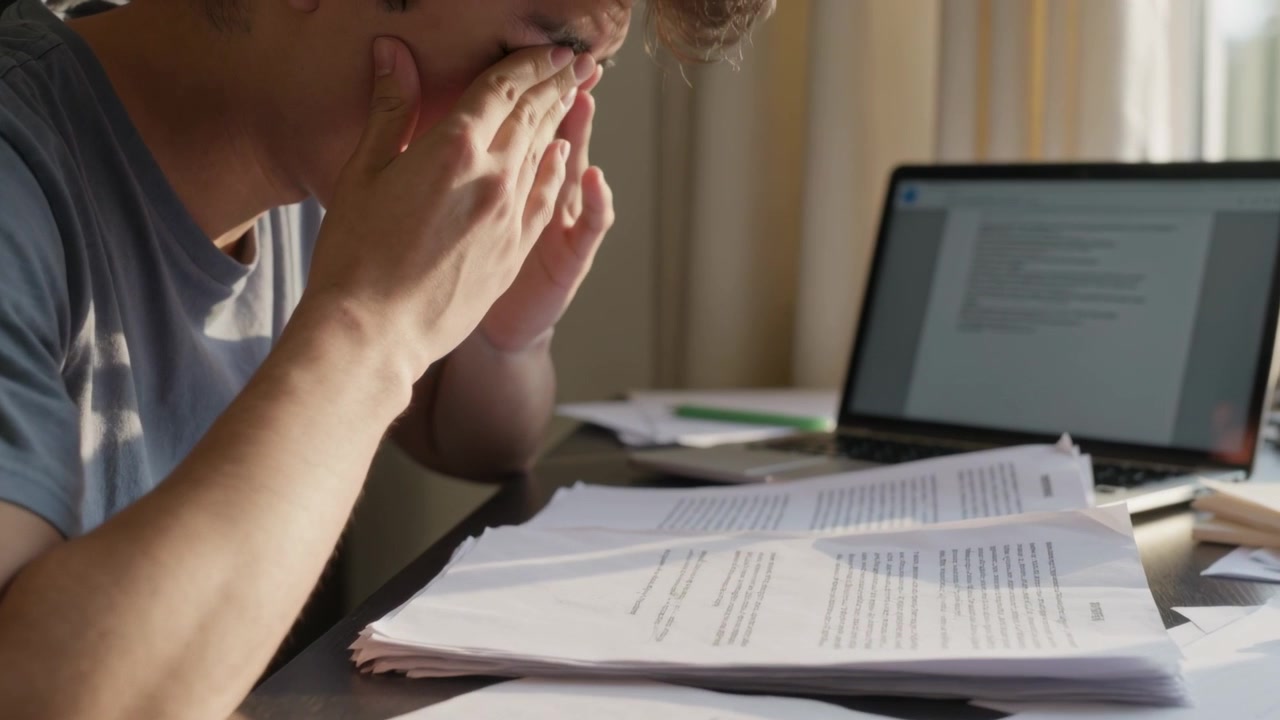 Inclinado hacia adelante, un estudiante con camiseta gris hojeando papeles y frotándose los ojos para estudiar en un escritorio con un portátil.