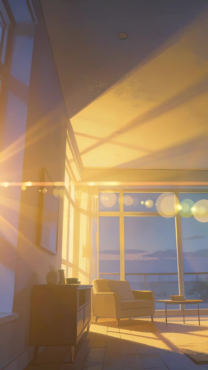 Video verticale: Sole basso che si sposta nel soggiorno, proiettando ombre a griglia e un bagliore dell'obiettivo sulla poltrona.