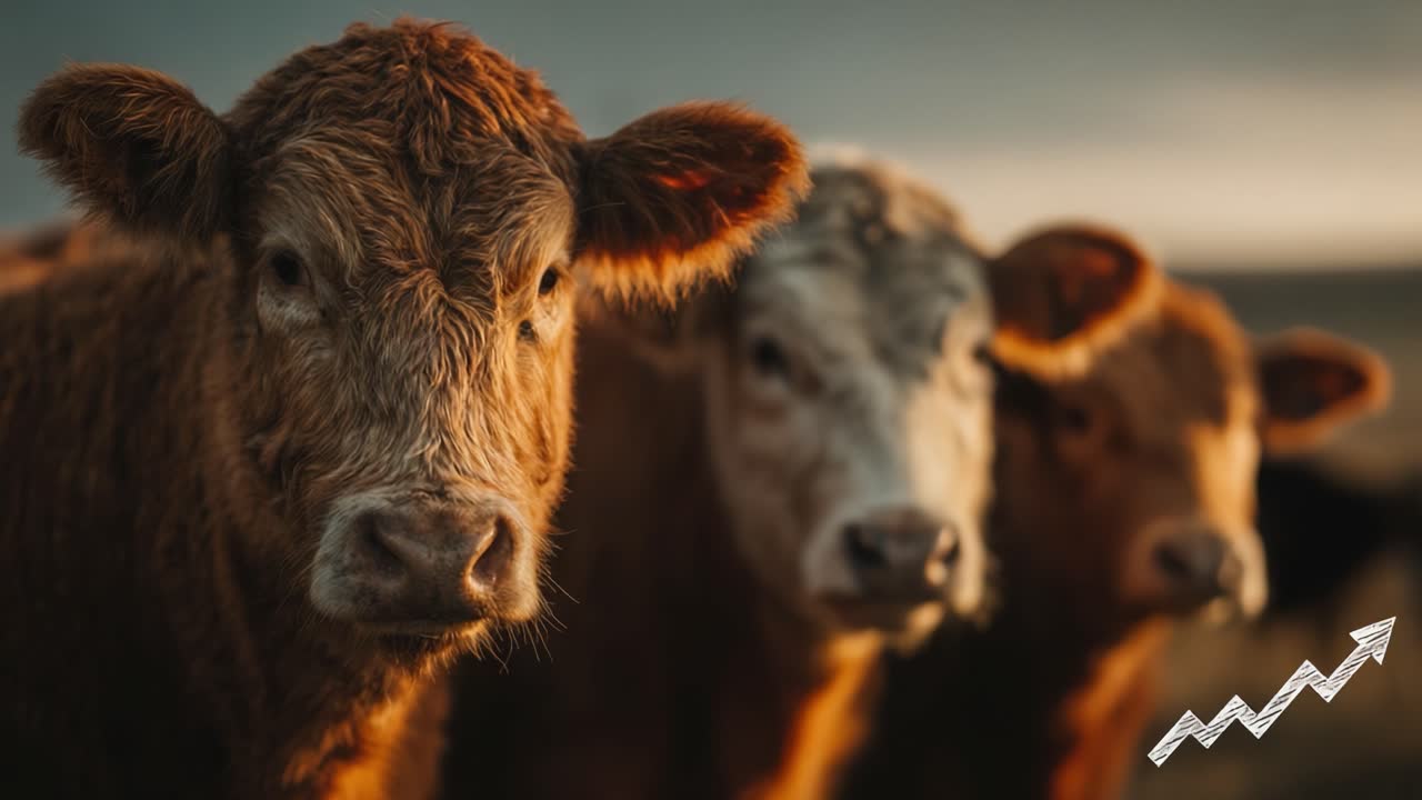 A Close-Up Exploration of Three Cattle Faces Against a Beautifully Dim Sky, Highlighting Their Unique Expressions and Distinctive Features in a Farm Setting