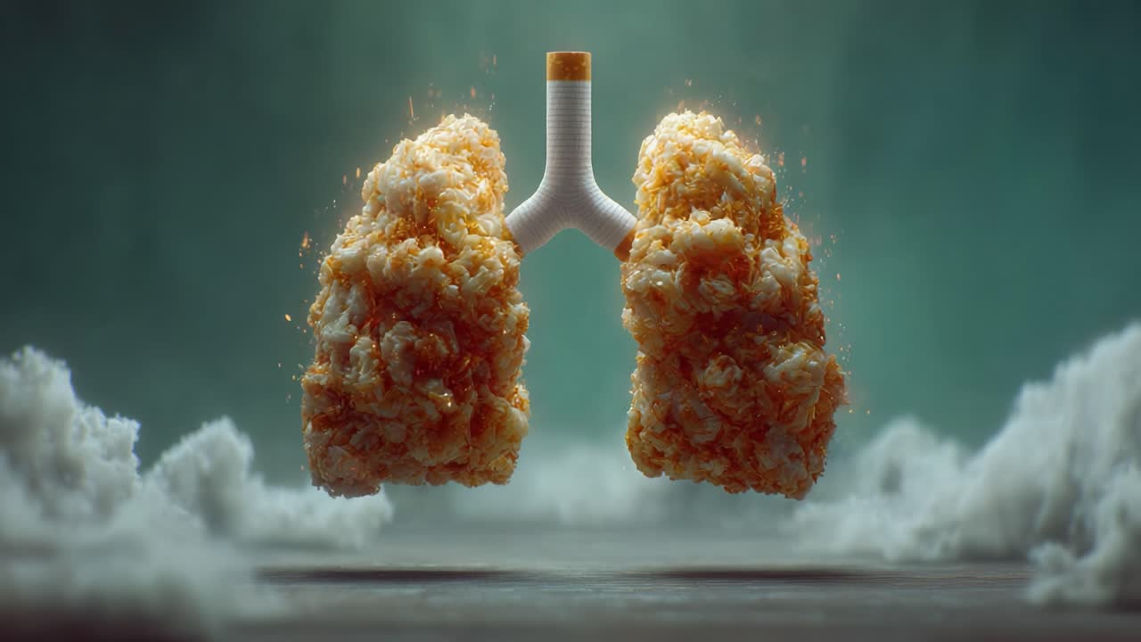 A Creative 3D Representation of Lungs Made from Popcorn, Highlighting the Unique Contrast Between Organic Structures and Surreal Food Elements in a Mystic Atmosphere