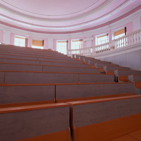 lecture hall with nobody. modern educational auditorium in the university. interior of a large empty classroom during coronavirus pandemic