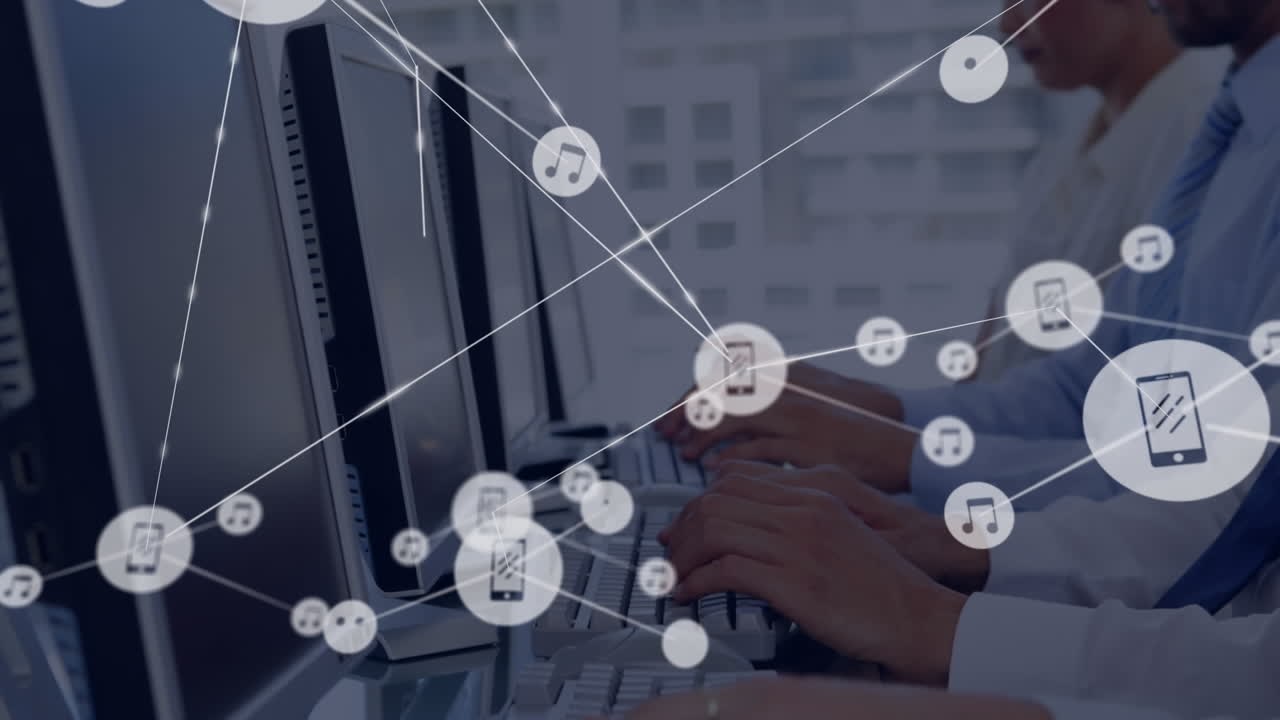 animación de la red de conexión con iconos sobre personas de negocios que usan auriculares de teléfono