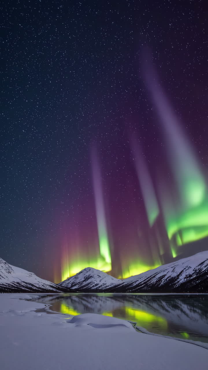 Vibrant Aurora Borealis Reflecting on Icy Water with Snow-Capped Mountains