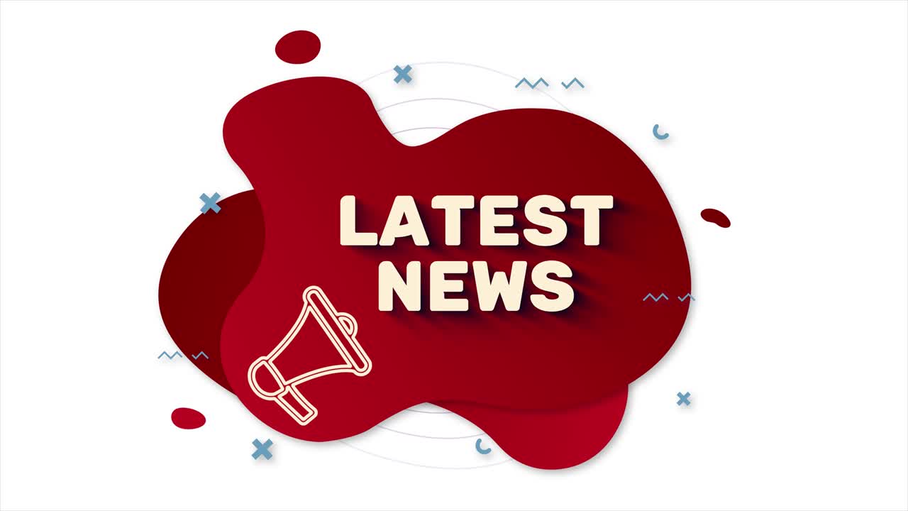 Megaphone with text Latest news. Memphis style banner with abstract geometric shapes on red background. Banner and outline round elements with megaphone. 4K video motion graphic