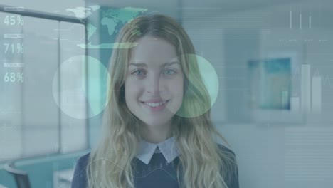 animación del procesamiento de datos sobre mujer de negocios caucásica en la oficina