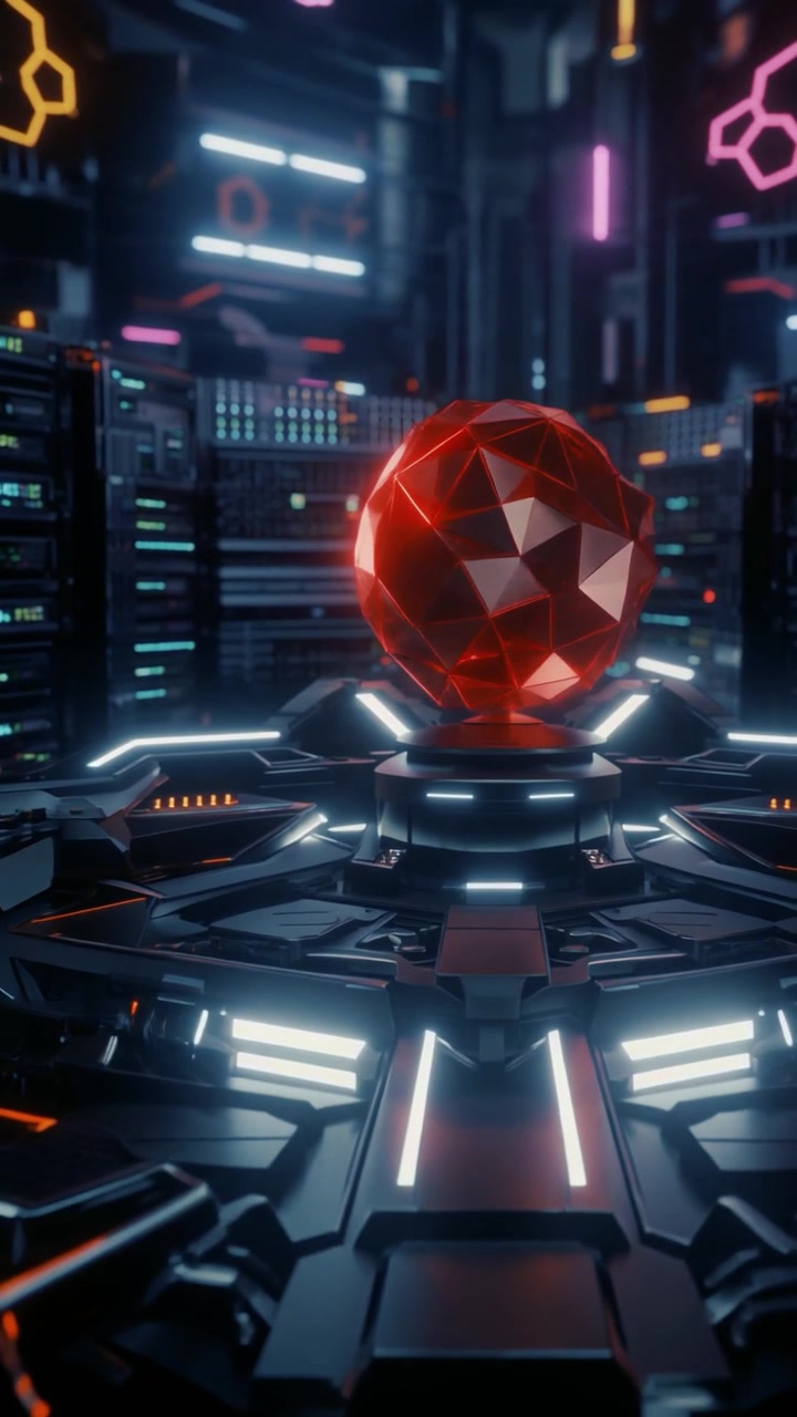 Glowing Red Geometric Sphere in Futuristic Data Center