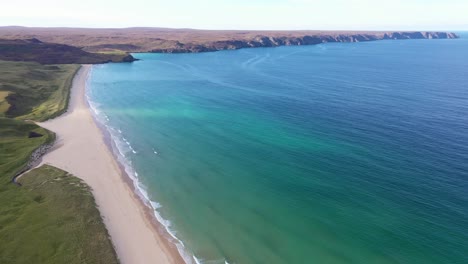 High-elevation-drone-shot-of-Traigh-Mhor-beach-with-Garry-beach-in-the-background-in-Tolsta-village-on-the-Outer-Hebrides-of-Scotland