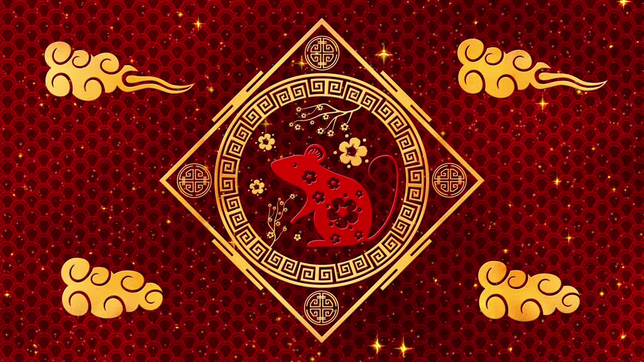 año nuevo lunar, fondo del festival de primavera con rata dorada, estrellas brillantes y nubes. animación del año nuevo chino para el evento de vacaciones. renderización 3d de bucle sin costuras 4k video