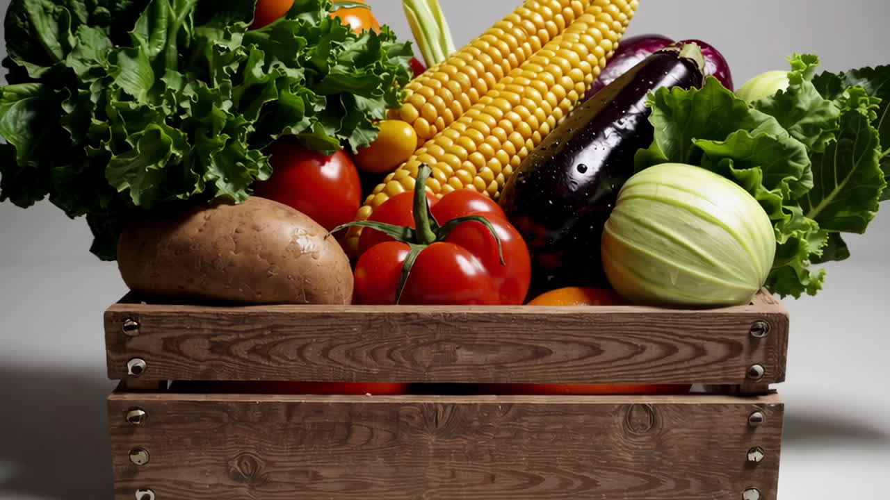 Assortment of Fresh Vegetables in a Wooden Crate