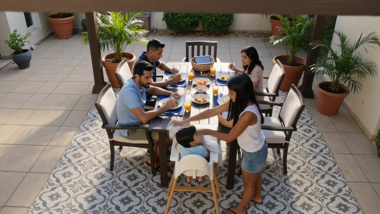 Panning camera revealing family eating under pergola on patio, woman tending toddler in high chair