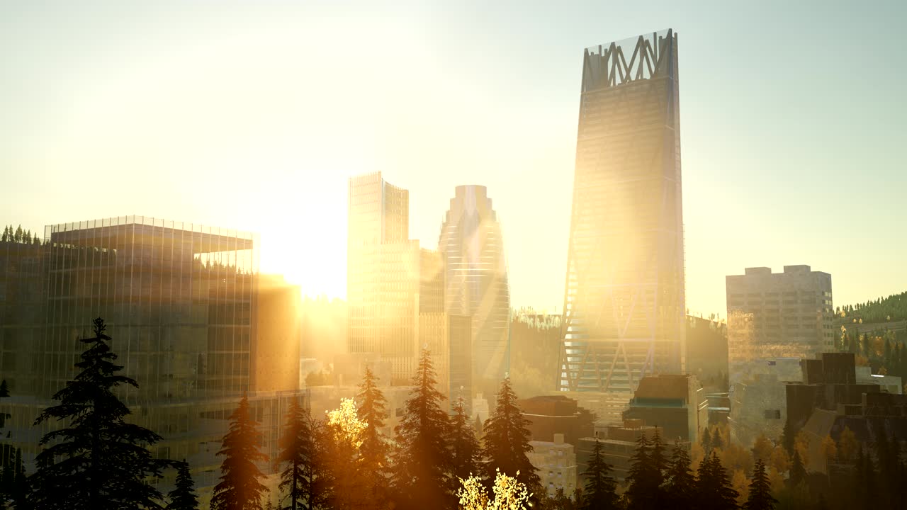 rascacielos de la ciudad con destellos de lentes al atardecer