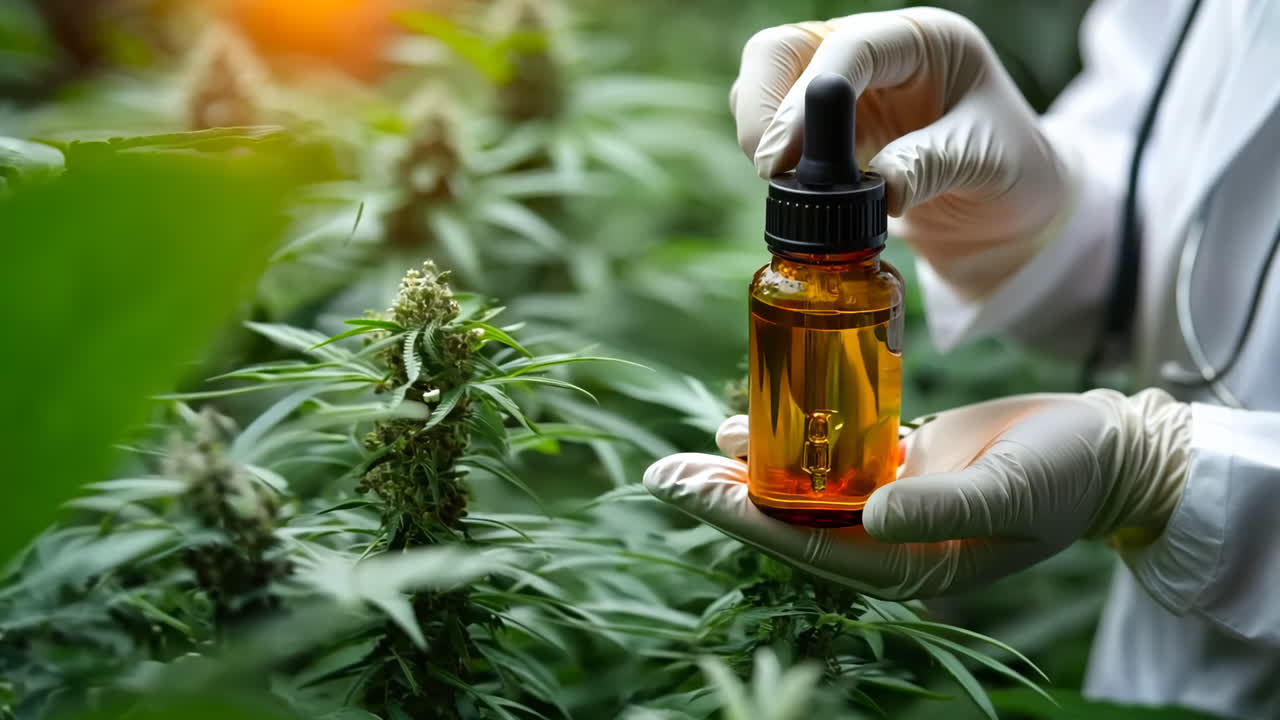 Harvesting Cannabis Oil in a Greenhouse During Daylight Hours. A person in gloves holds a bottle of cannabis oil among thriving plants in a greenhouse.