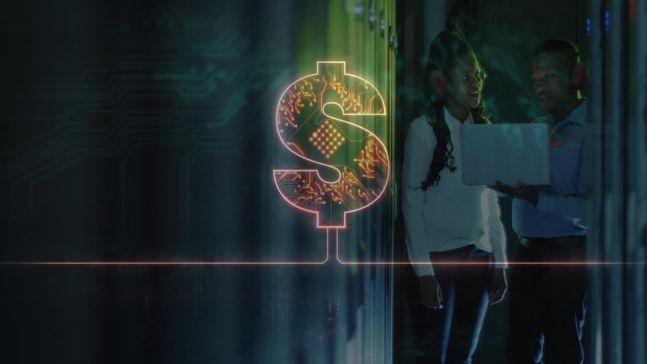 Dollar sign animation over diverse professionals discussing data in server room