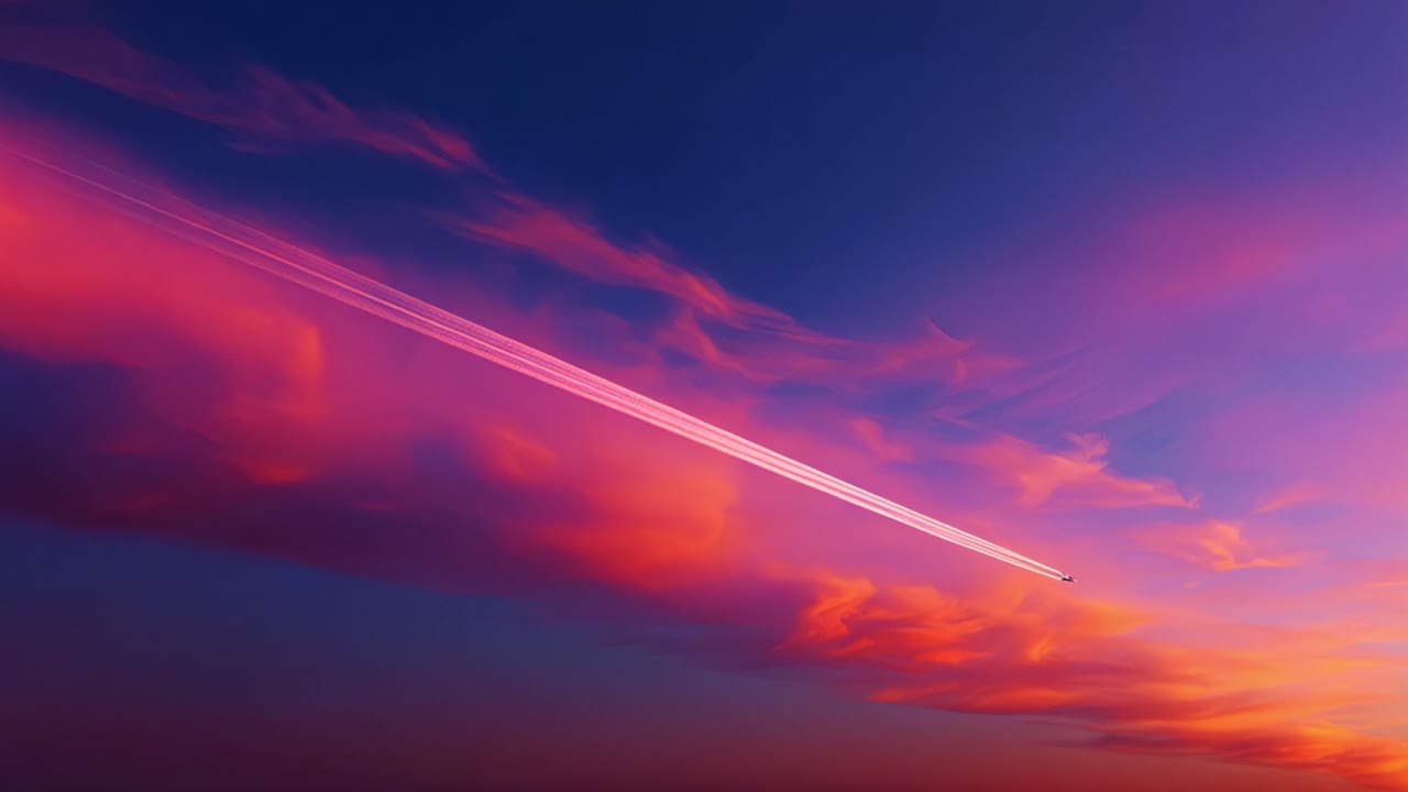 A Beautiful Sky with Contrails at Sunset: An Airplane Journey Through a Vibrant Gradient of Colors, Pink and Purple Clouds Create a Stunning Backdrop for Modern Aviation