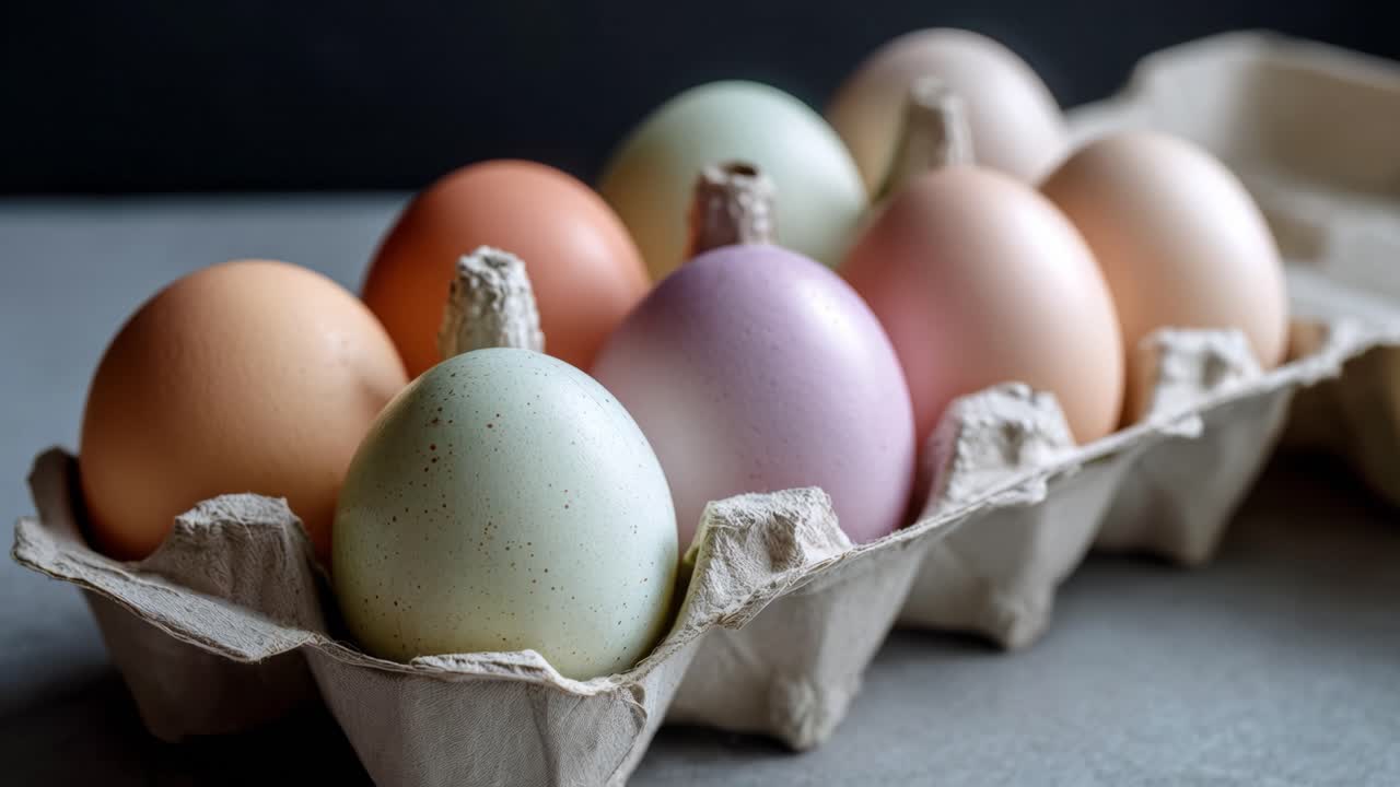 Estetisk utstilling av fargerike egg i et eggekartongarrangement, som viser et utvalg av naturlige farger og teksturer, perfekt for kulinarisk eller dekorativ bruk, ideelt for feiringer.